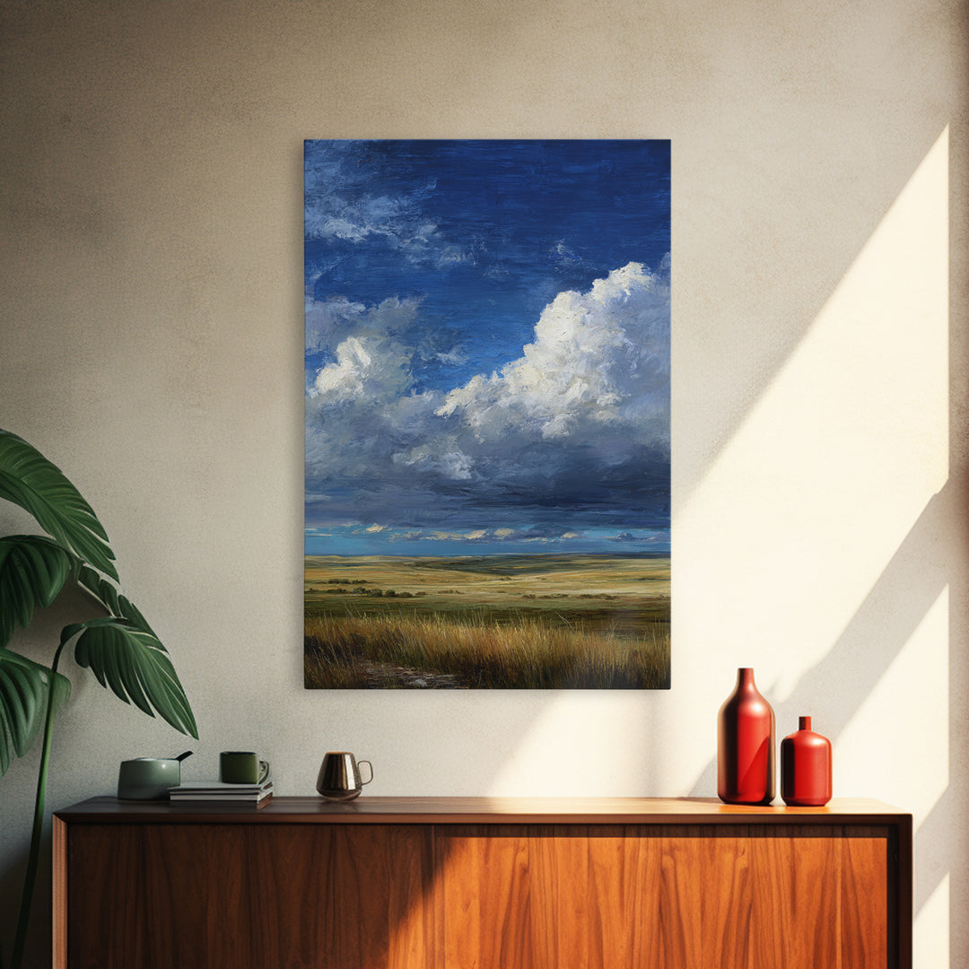 Storm Clouds over an Open Prairie Framed Canvas Print, Landscape Art, Digital Print, Living Room Decor, Fine Art, Horizon, LAN-2x3-59