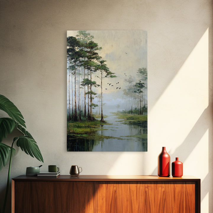 Misty Cypress Swamp Framed Canvas Print, Landscape Art, Minimalist Decor, Living Room Decor, Oil Painting, Horizon, LAN-2x3-6