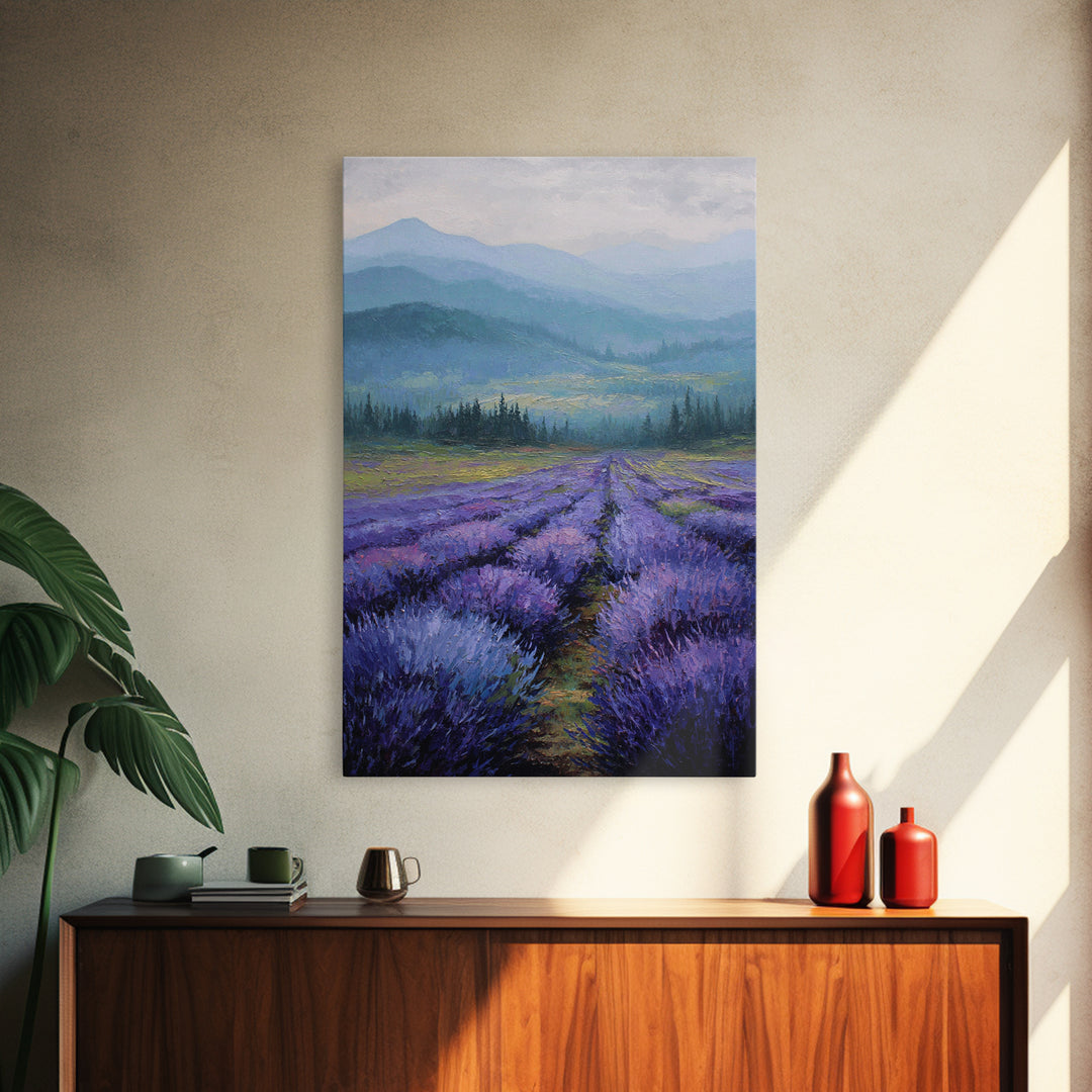 Lavender Field Leading to Distant Hills Canvas Print, Landscape Art, Digital Art, Living Room Decor, Fine Art, Horizon, LAN-2x3-66