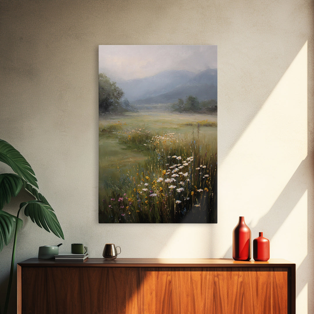 Sunlit Meadow with Wildflowers Framed Canvas Print, Landscape Art, Abstract Wall Art, Living Room Decor, Watercolor Art, LAN-2x3-69