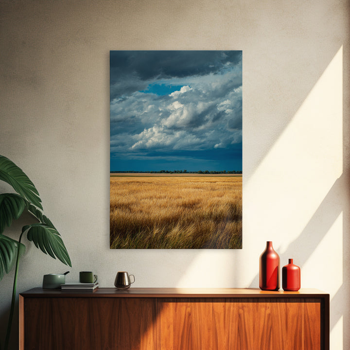 Golden Wheat Field Beneath Huge Clouds Framed Canvas Print, Landscape Art, Floral Wall Art, Living Room Decor, Horizon, LAN-2x3-8