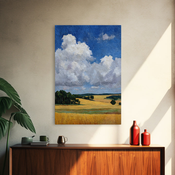 Golden Wheat Field Beneath Huge Clouds Framed Canvas Print, Landscape Art, Original Painting, Living Room Decor, Horizon, LAN-2x3-80