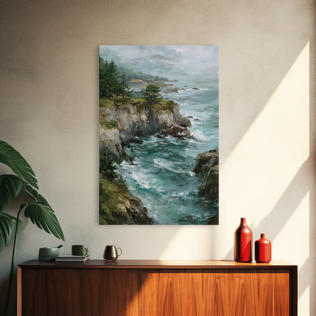 Coastal Cliffs with Crashing Waves Framed Canvas Print, Landscape Art, Farmhouse Decor, Living Room Decor, Fine Art, Horizon, LAN-2x3-88