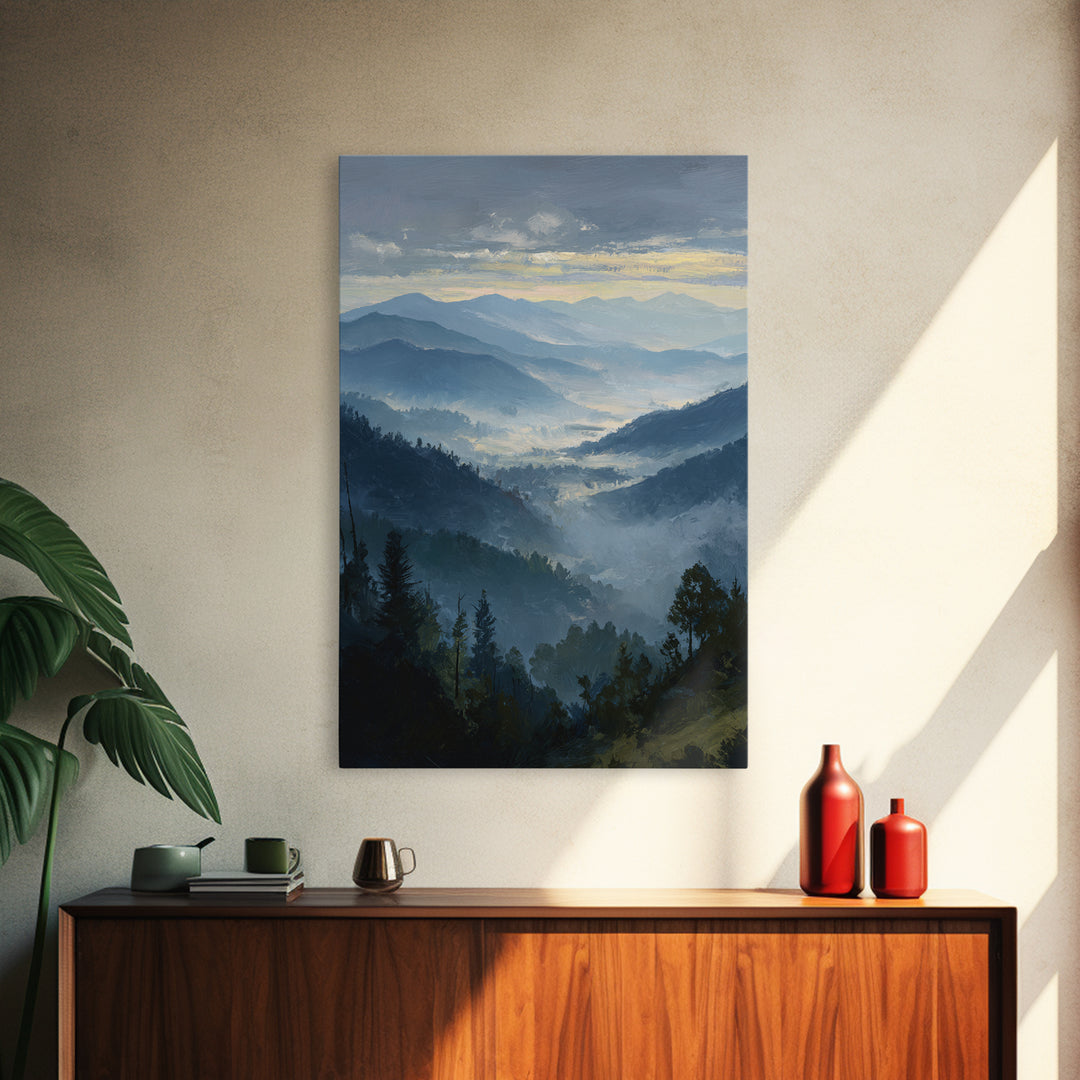 Misty Mountain Valley at Sunrise Canvas Print, Landscape Art, Digital Wall Art, Living Room Decor, Fine Art, Horizon, LAN-2x3-9