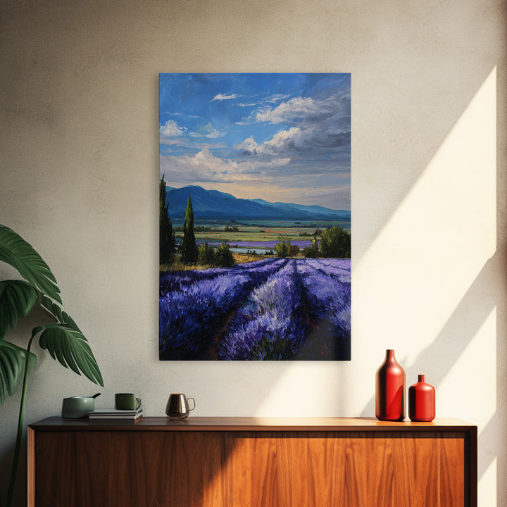 Lavender Field Leading to Distant Hills Framed Canvas Print, Landscape Art, Framed Wall Art, Living Room Decor, Oil Painting, LAN-2x3-90