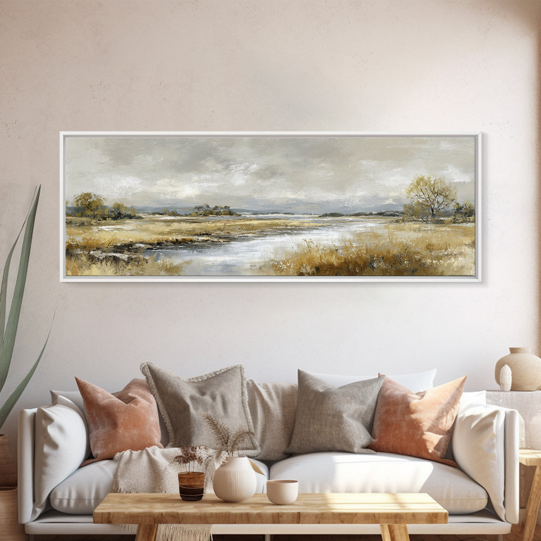 Moonlit River with Silver Reflections Canvas Print, Landscape Art, Living Room Decor, Oil Painting, Horizon, Modern Art, LAN-3x1-13