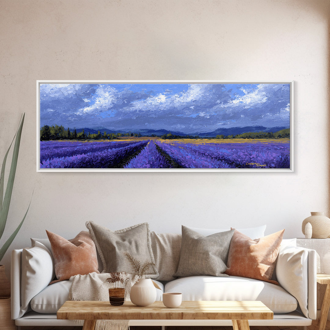 Lavender Field Leading to Distant Hills Framed Canvas Print, Landscape Art, Digital Wall Art, Living Room Decor, Horizon, LAN-3x1-2