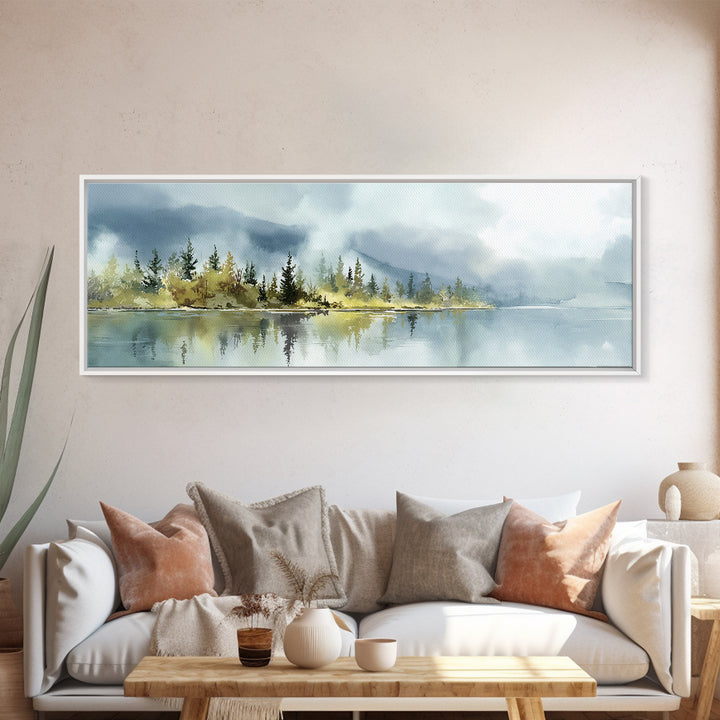 Quiet Lake Reflecting Pine Forest Canvas Print, Landscape Art, Living Room Wall Art, Living Room Decor, Oil Painting, Horizon, LAN-3x1-20