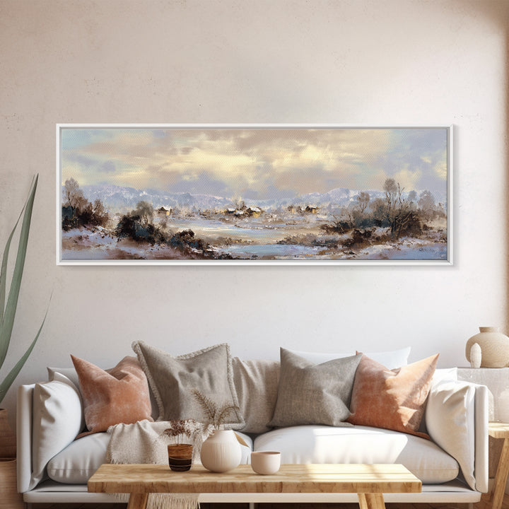 Snow Covered Alpine Village at Dusk Framed Canvas Print, Landscape Art, Room Decor, Living Room Decor, Fine Art, Horizon, LAN-3x1-23