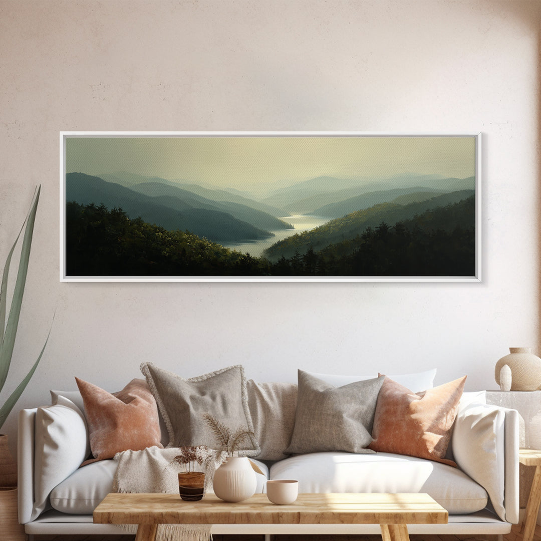 Waterfall Hidden in Dense Forest Framed Canvas Print, Landscape Art, Floral Wall Art, Living Room Decor, Fine Art, Horizon, LAN-3x1-28
