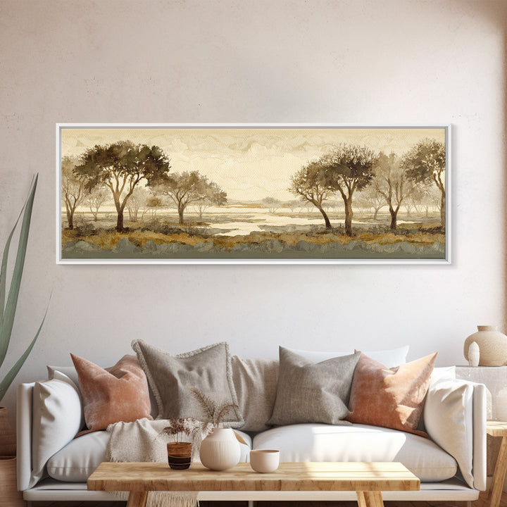 Wide Savanna with Acacia Silhouette Canvas Print, Landscape Art, Minimalist Decor, Living Room Decor, Oil Painting, Horizon, LAN-3x1-35