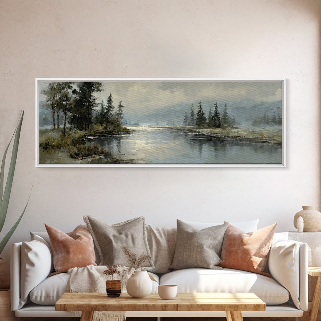 Moonlit River with Silver Reflections Framed Canvas Print, Landscape Art, Wall Art Print, Living Room Decor, Fine Art, Horizon, LAN-3x1-37