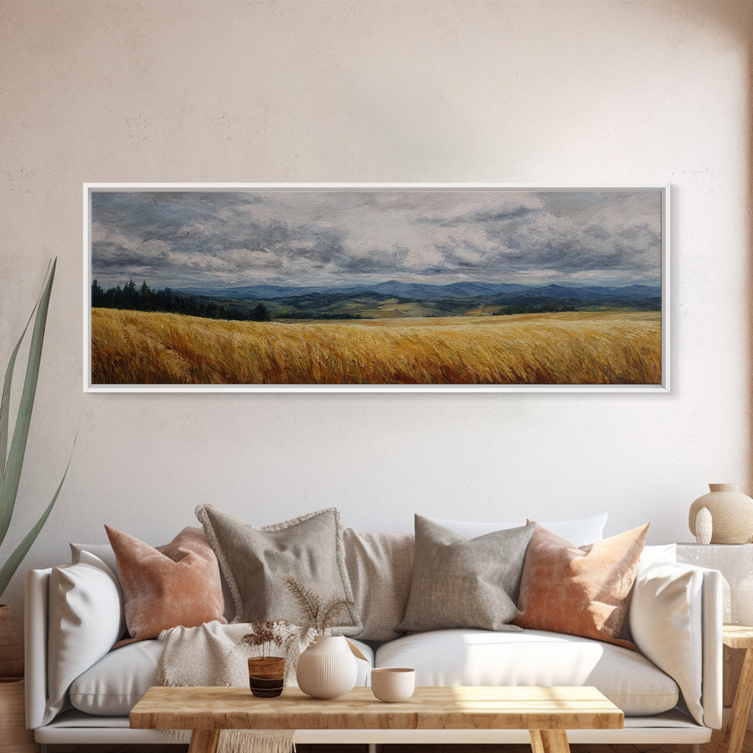 Golden Wheat Field Beneath Huge Clouds Canvas Print, Landscape Art, Neutral Decor, Living Room Decor, Oil Painting, Horizon, LAN-3x1-40