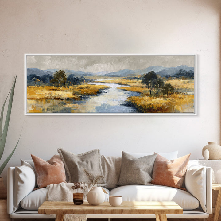 Winding River Through Golden Fields Canvas Print, Landscape Art, Boho Wall Art, Living Room Decor, Fine Art, Horizon, LAN-3x1-42