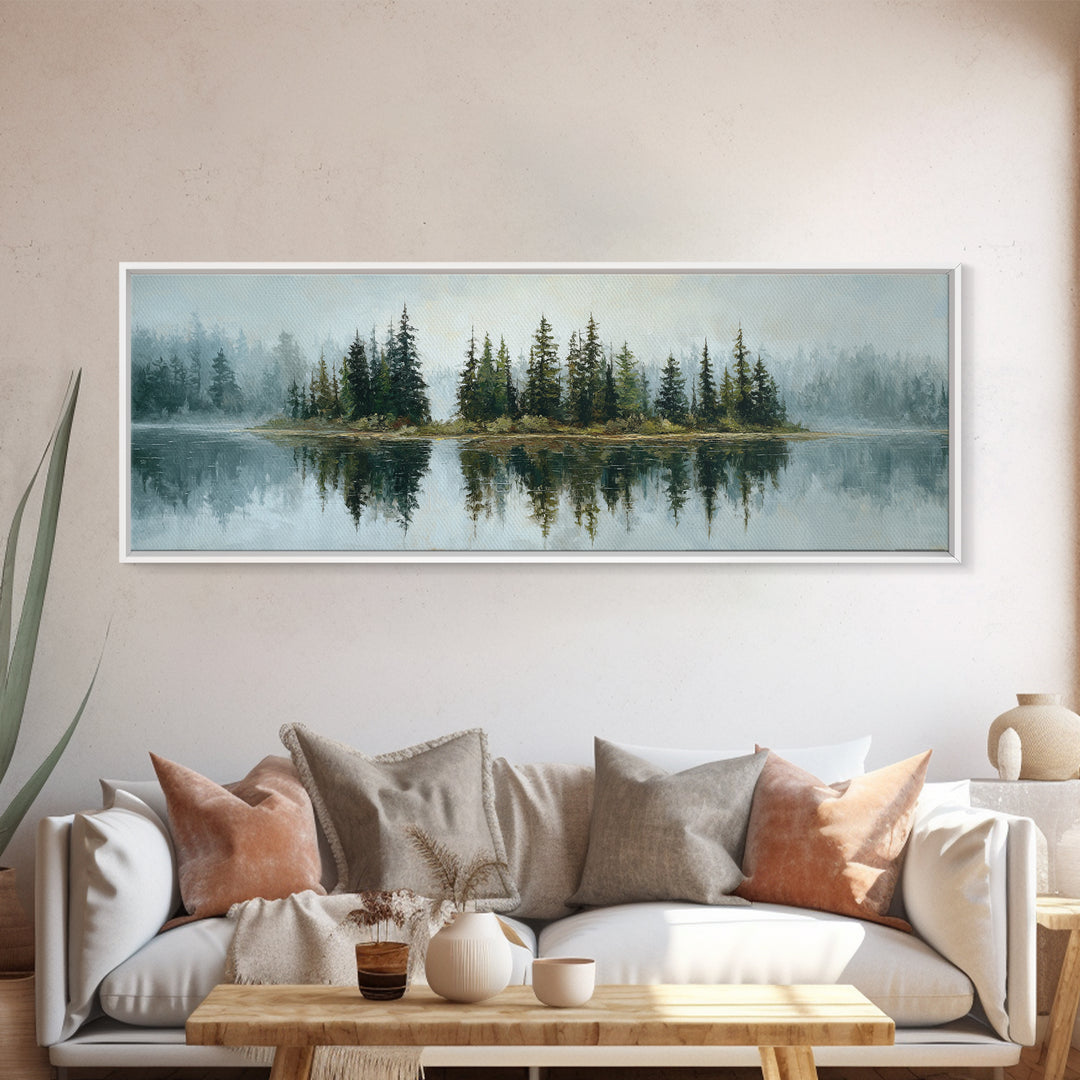Quiet Lake Reflecting Pine Forest Framed Canvas Print, Landscape Art, Modern Decor, Living Room Decor, Fine Art, Horizon, LAN-3x1-44