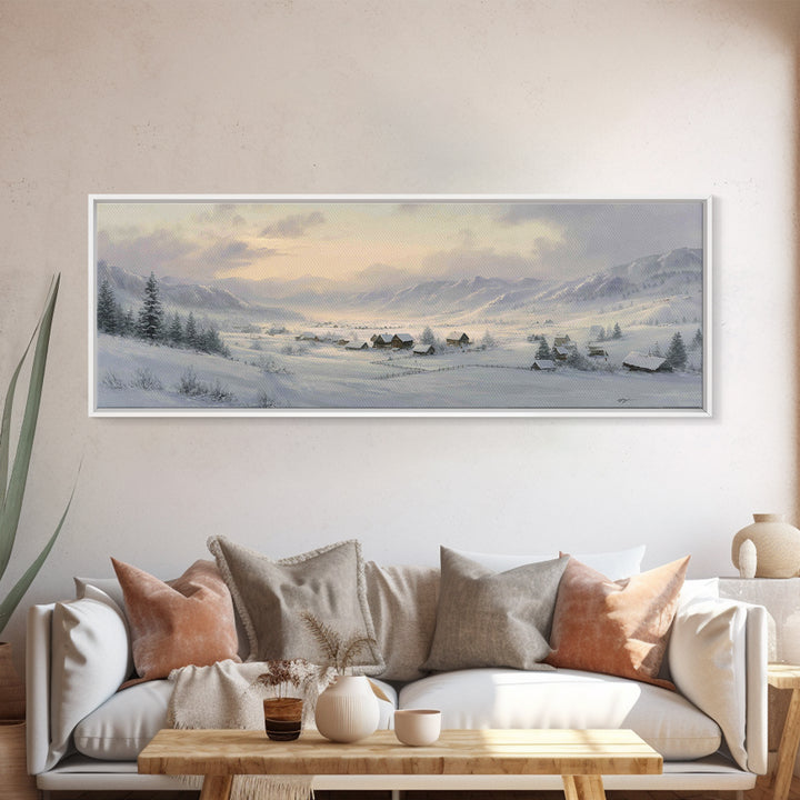 Snow Covered Alpine Village at Dusk Framed Canvas Print, Landscape Art, Digital Art, Living Room Decor, Fine Art, Horizon, LAN-3x1-47
