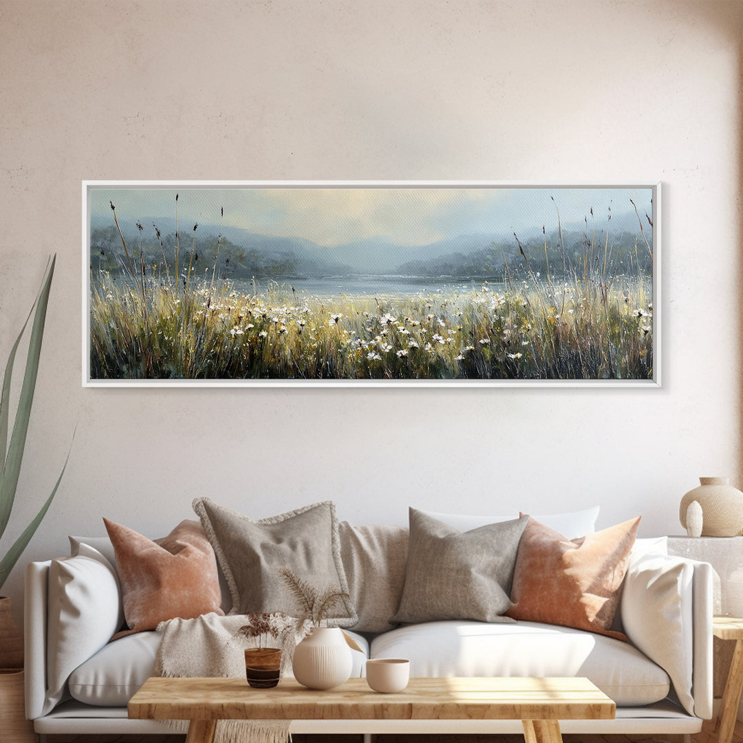 Sunlit Meadow with Wildflowers Framed Canvas Print, Landscape Art, Living Room Wall Art, Living Room Decor, Oil Painting, LAN-3x1-53