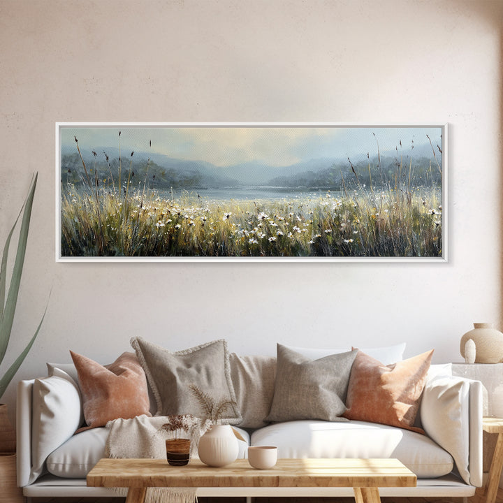 Sunlit Meadow with Wildflowers Framed Canvas Print, Landscape Art, Living Room Wall Art, Living Room Decor, Oil Painting, LAN-3x1-53