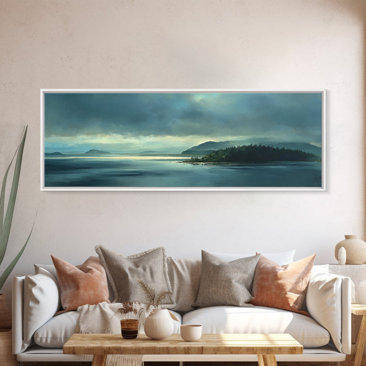 Fjord Landscape with Icy Blue Water Framed Canvas Print, Landscape Art, Decor, Living Room Decor, Oil Painting, Horizon, LAN-3x1-55