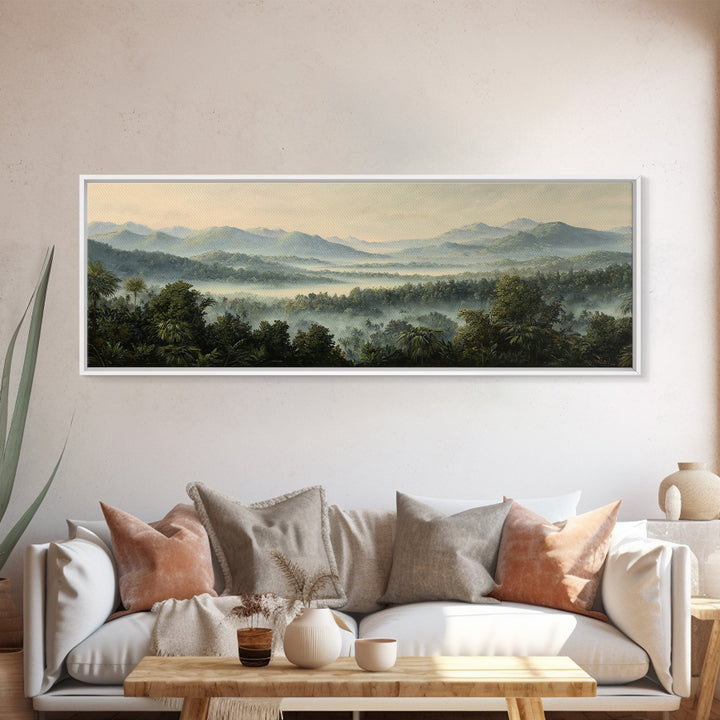 Tropical Jungle Waterfall Framed Canvas Print, Landscape Art, Minimalist Decor, Living Room Decor, Oil Painting, Horizon, LAN-3x1-56