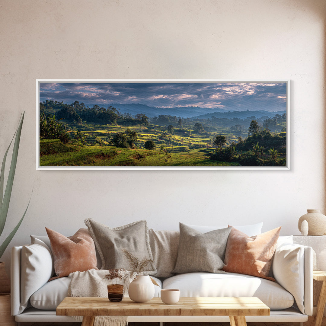 Rice Terraces Glowing Framed Canvas Print, Landscape Art, Living Room Decor, Oil Painting, Horizon, Modern Art, Gallery Decor, LAN-3x1-58