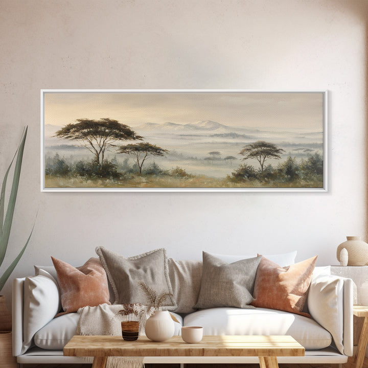 Wide Savanna with Acacia Silhouette Framed Canvas Print, Landscape Art, Digital Prints, Living Room Decor, Fine Art, Horizon, LAN-3x1-59