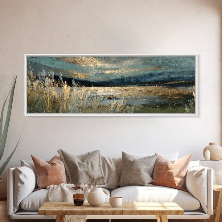 Moonlit River with Silver Reflections Canvas Print, Landscape Art, Floral Wall Art, Living Room Decor, Fine Art, Horizon, LAN-3x1-61