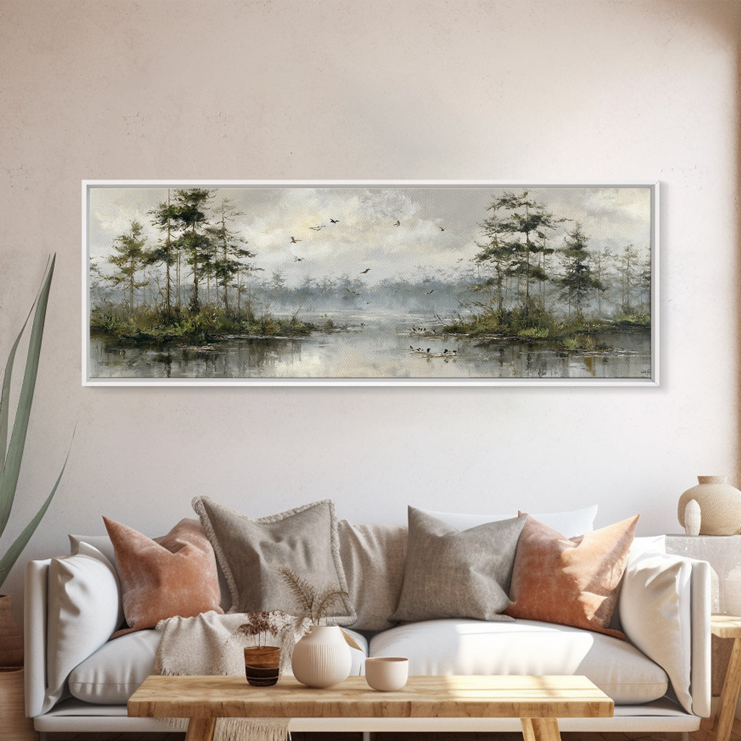 Misty Cypress Swamp Canvas Print, Landscape Art, Boho Decor, Living Room Decor, Fine Art, Horizon, Art Prints, Digital Art, LAN-3x1-62