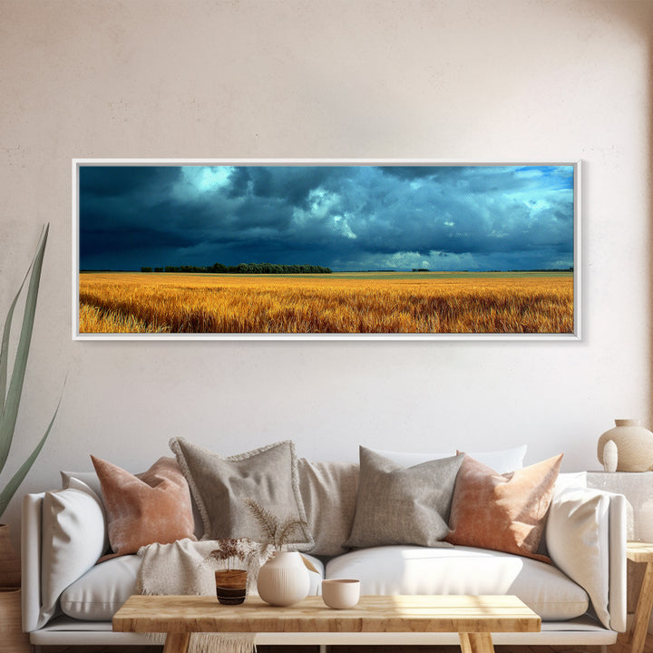 Golden Wheat Field Beneath Huge Clouds Framed Canvas Print, Landscape Art, Luxury Decor, Living Room Decor, Fine Art, Horizon, LAN-3x1-64