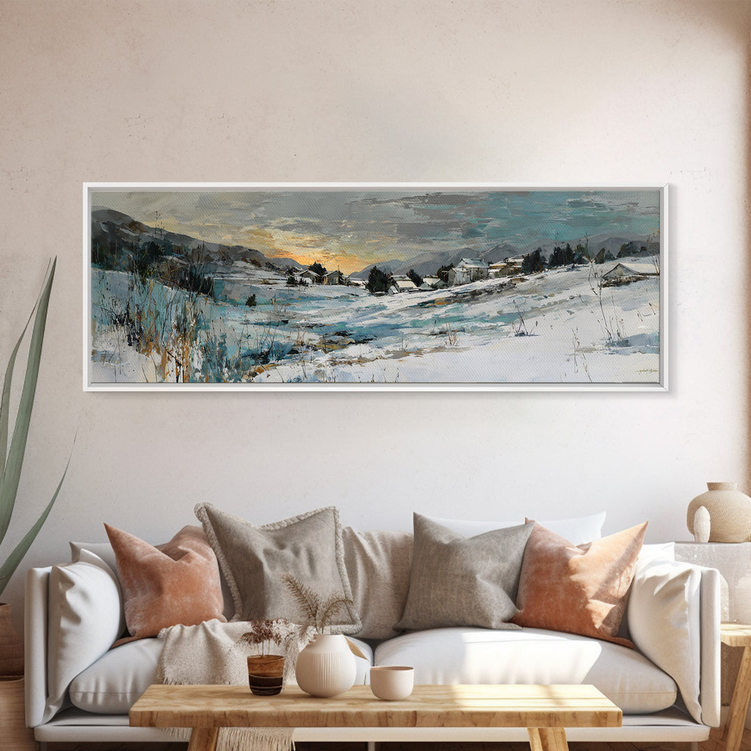 Snow Covered Alpine Village at Dusk Canvas Print, Landscape Art, Framed Wall Art, Living Room Decor, Oil Painting, Horizon, LAN-3x1-71