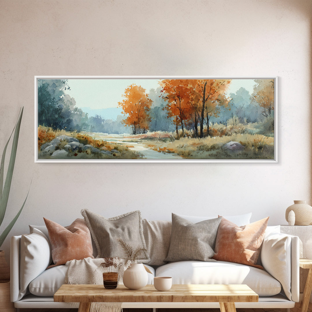 Autumn Forest Path Framed Canvas Print, Landscape Art, Neutral Decor, Living Room Decor, Oil Painting, Horizon, Home Decor, LAN-3x1-73