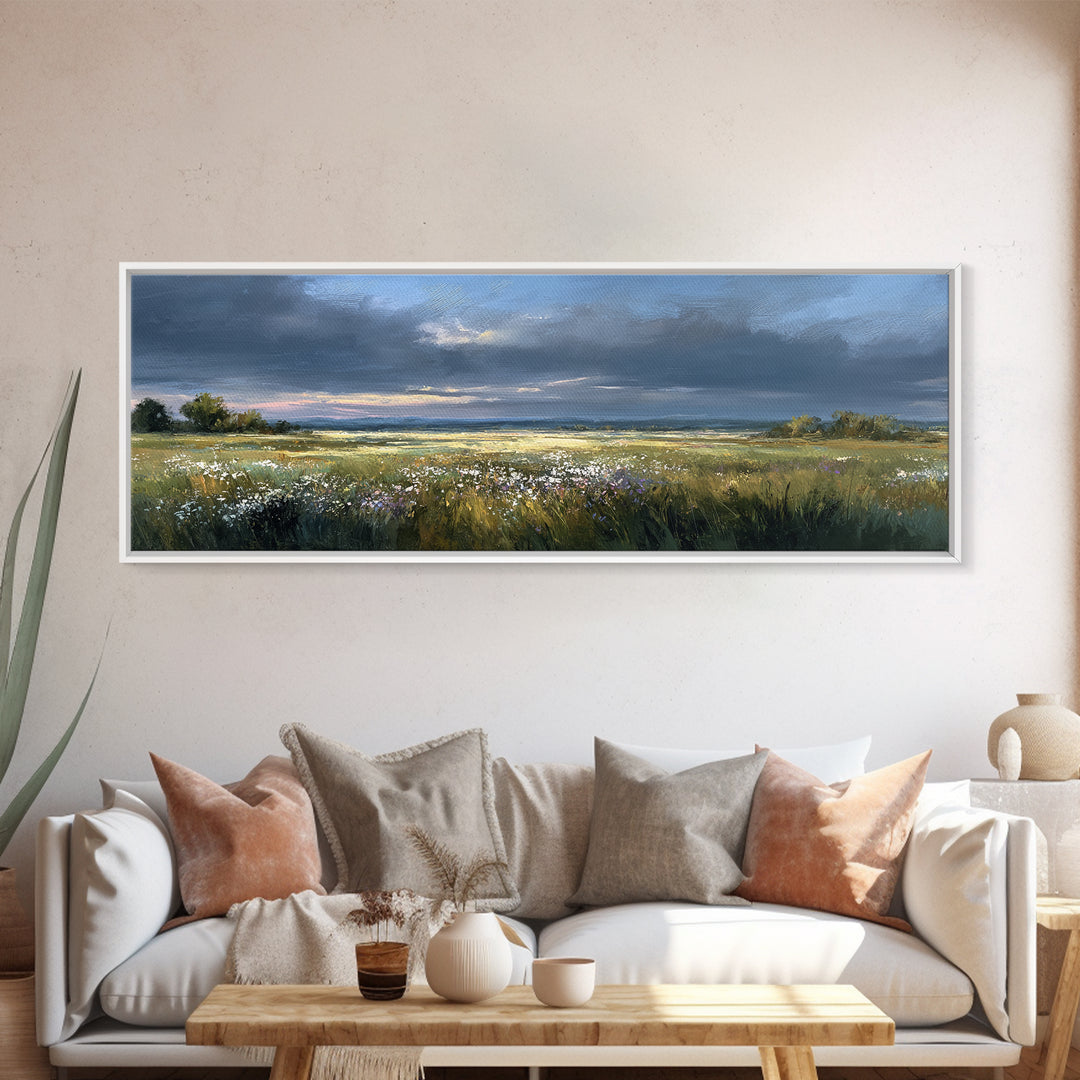 Sunlit Meadow with Wildflowers Framed Canvas Print, Landscape Art, Living Room Wall Art, Living Room Decor, Oil Painting, LAN-3x1-77