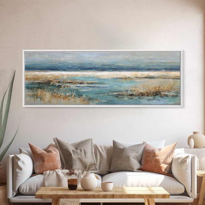 Fjord Landscape with Icy Blue Water Framed Canvas Print, Landscape Art, Digital Print, Living Room Decor, Fine Art, Horizon, LAN-3x1-79