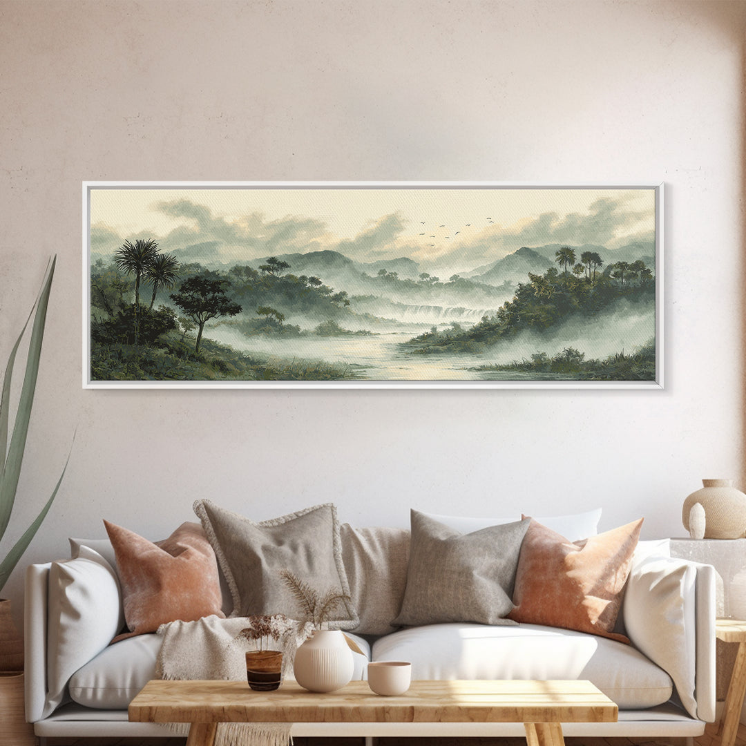 Tropical Jungle Waterfall Canvas Print, Landscape Art, Digital Prints, Living Room Decor, Fine Art, Horizon, Farmhouse Decor, LAN-3x1-80