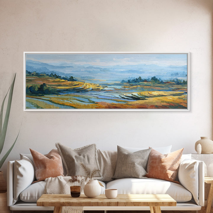 Rice Terraces Glowing Framed Canvas Print, Landscape Art, Living Room Decor, Oil Painting, Horizon, Modern Art, Gallery Decor, LAN-3x1-82