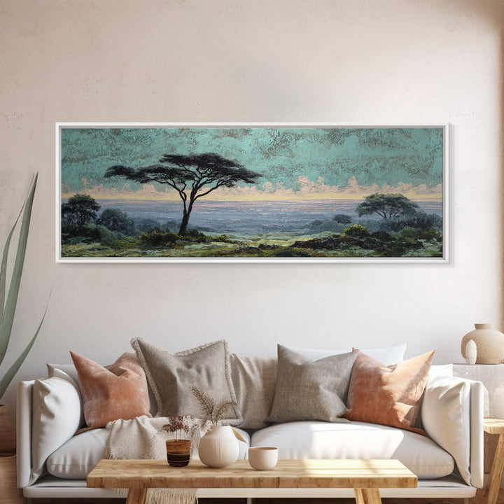 Wide Savanna with Acacia Silhouette Canvas Print, Landscape Art, Digital Wall Art, Living Room Decor, Fine Art, Horizon, LAN-3x1-83