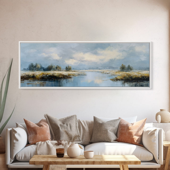 Moonlit River with Silver Reflections Canvas Print, Landscape Art, Floral Wall Art, Living Room Decor, Fine Art, Horizon, LAN-3x1-85