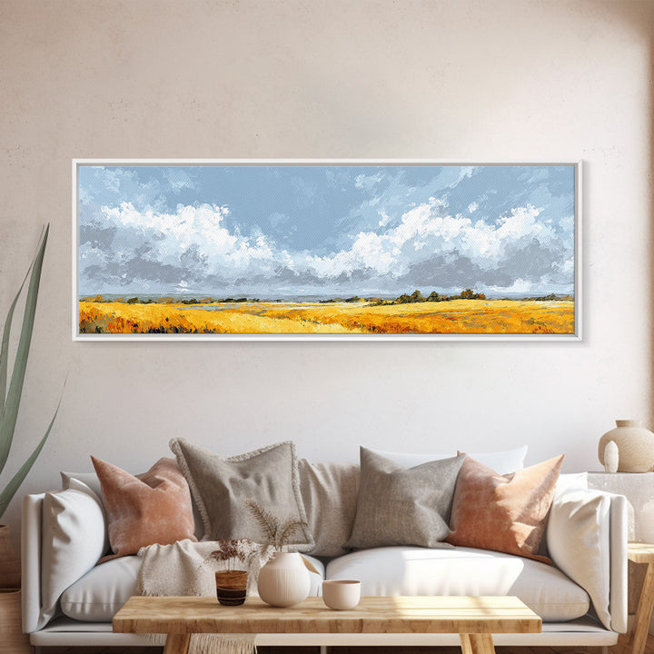 Golden Wheat Field Beneath Huge Clouds Canvas Print, Landscape Art, Wall Art, Living Room Decor, Horizon, Framed Wall Art, LAN-3x1-88