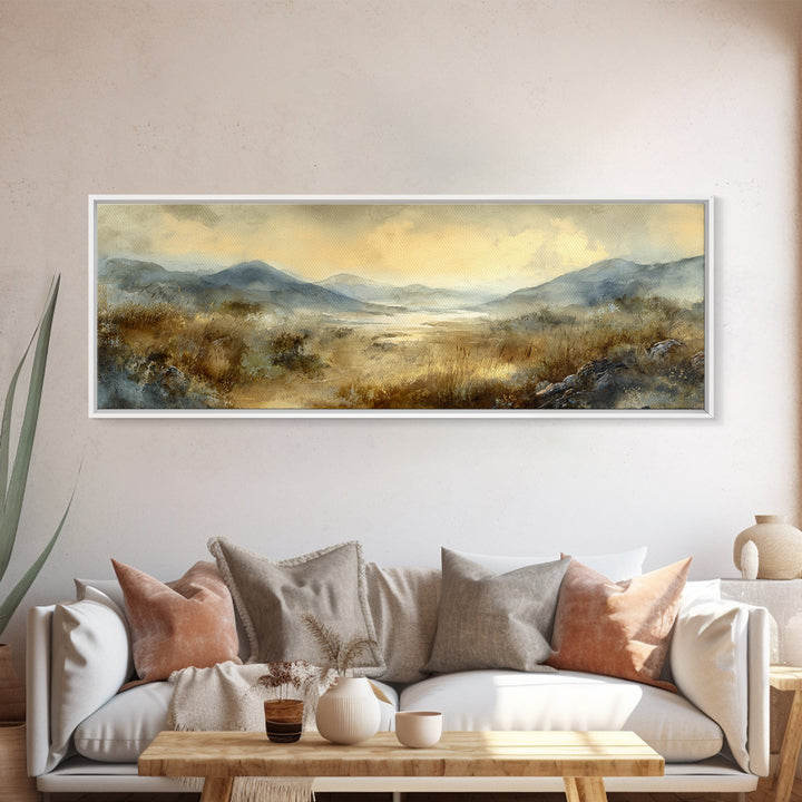 Misty Mountain Valley at Sunrise Framed Canvas Print, Landscape Art, Boho Decor, Living Room Decor, Fine Art, Horizon, LAN-3x1-89