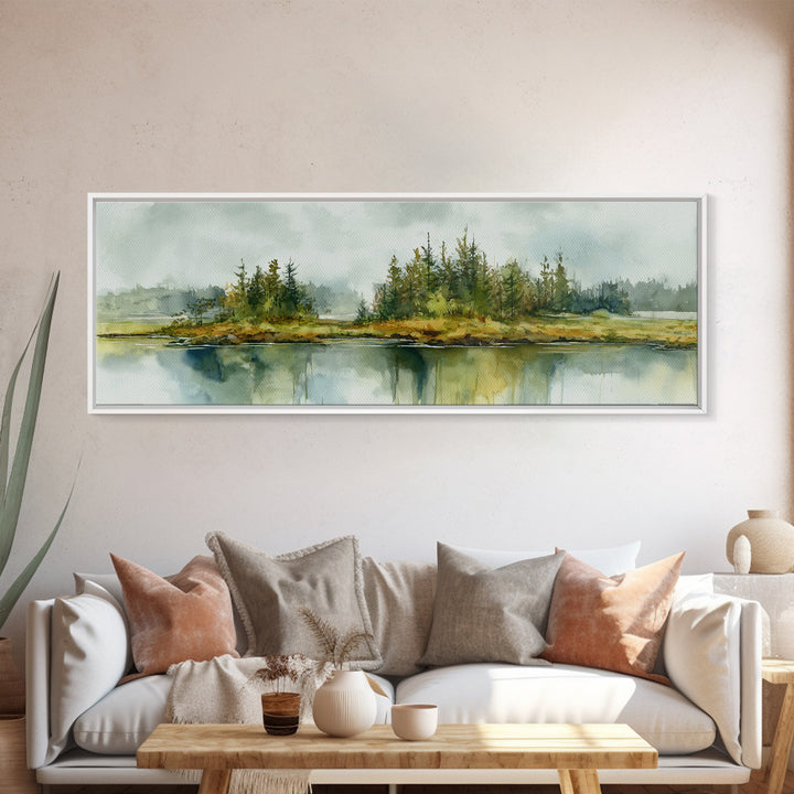 Quiet Lake Reflecting Pine Forest Canvas Print, Landscape Art, Digital Art, Living Room Decor, Fine Art, Horizon, Boho Wall Art, LAN-3x1-92