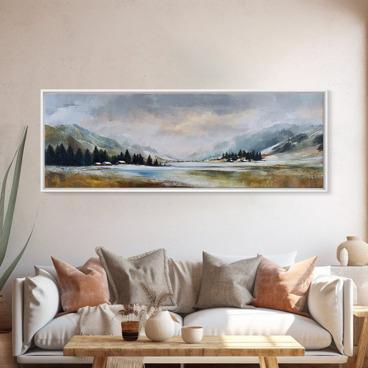Snow Covered Alpine Village at Dusk Canvas Print, Landscape Art, Digital Art, Living Room Decor, Horizon, Boho Wall Art, LAN-3x1-95