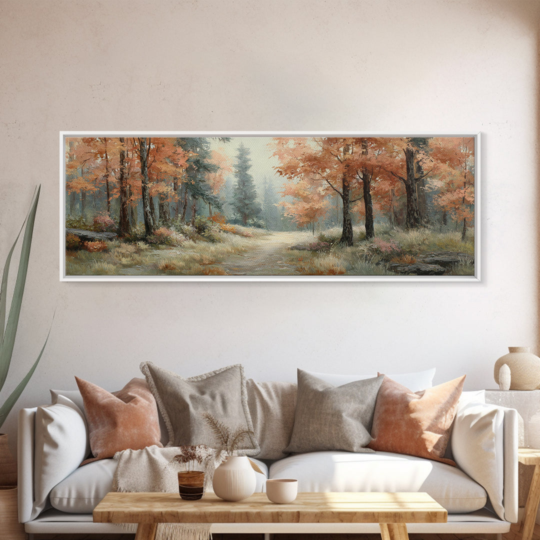 Autumn Forest Path Canvas Print, Landscape Art, Luxury Decor, Living Room Decor, Fine Art, Horizon, Digital Art, LAN-3x1-97