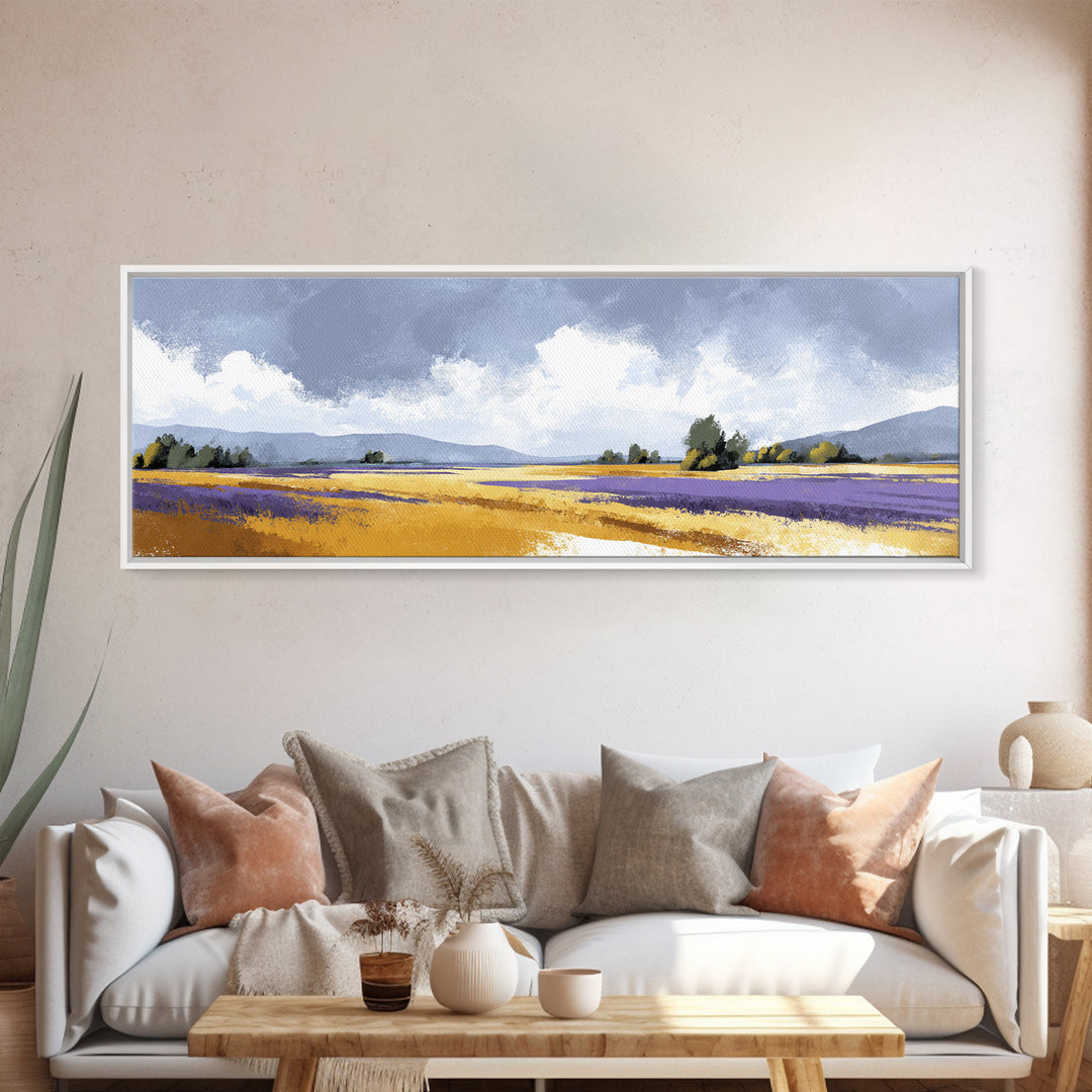 Lavender Field Leading to Distant Hills Canvas Print, Landscape Art, Living Room Wall Art, Living Room Decor, Oil Painting, LAN-3x1-98