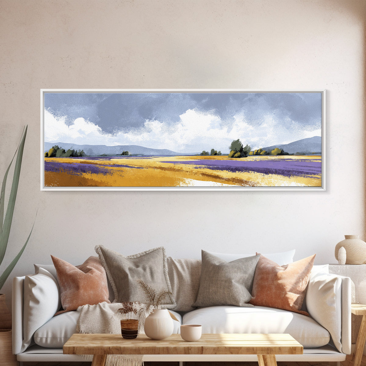 Lavender Field Leading to Distant Hills Canvas Print, Landscape Art, Living Room Wall Art, Living Room Decor, Oil Painting, LAN-3x1-98