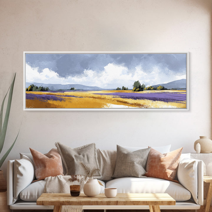 Lavender Field Leading to Distant Hills Canvas Print, Landscape Art, Living Room Wall Art, Living Room Decor, Oil Painting, LAN-3x1-98