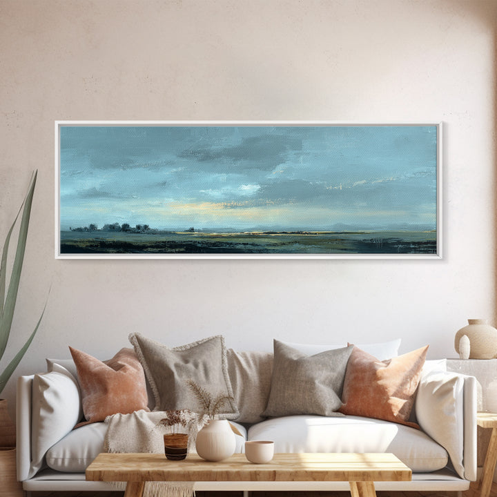 Desert Dunes under Pale Moon Framed Canvas Print, Landscape Art, Printable Wall Art, Living Room Decor, Oil Painting, Horizon, LAN-3x1-99
