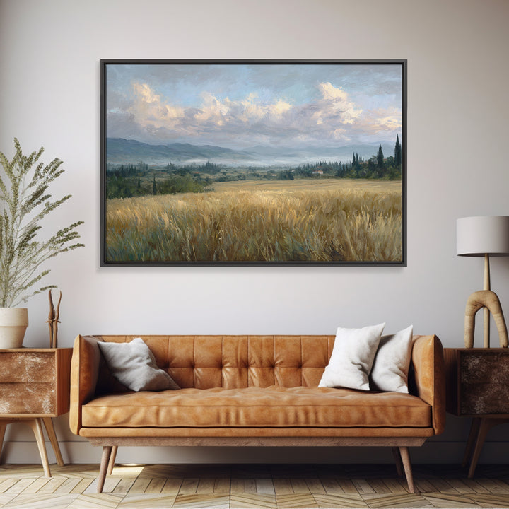 Golden Wheat Field Beneath Huge Clouds Framed Canvas Print, Landscape Art, Wall Art, Living Room Decor, Fine Art, Horizon, LAN-3x2-100