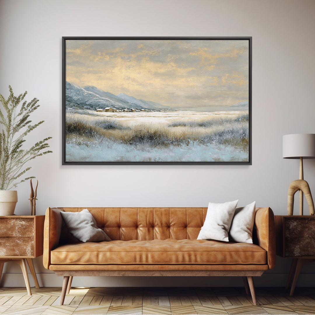 Snow Covered Alpine Village at Dusk Canvas Print, Landscape Art, Modern Decor, Living Room Decor, Fine Art, Horizon, Wall Decor, LAN-3x2-11