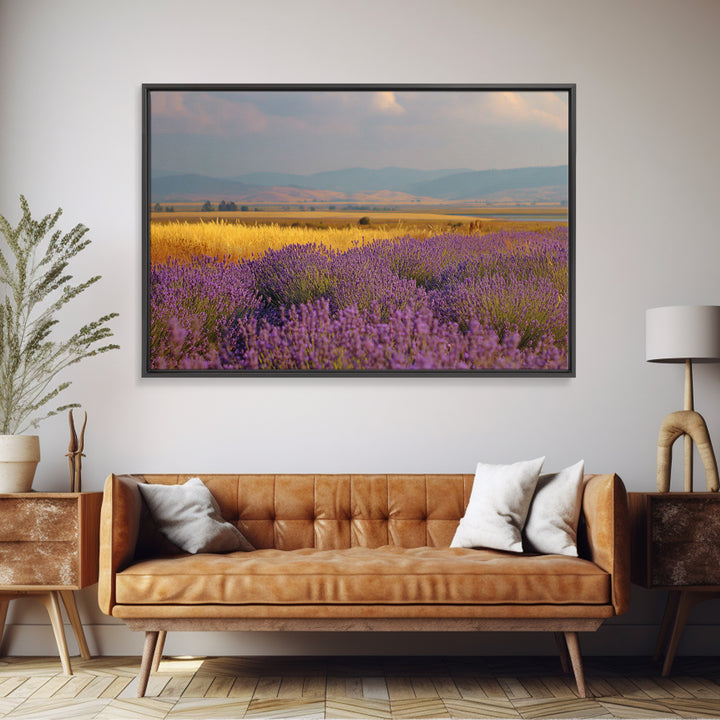 Lavender Field Leading to Distant Hills Framed Canvas Print, Landscape Art, Framed Wall Art, Living Room Decor, Oil Painting, LAN-3x2-14