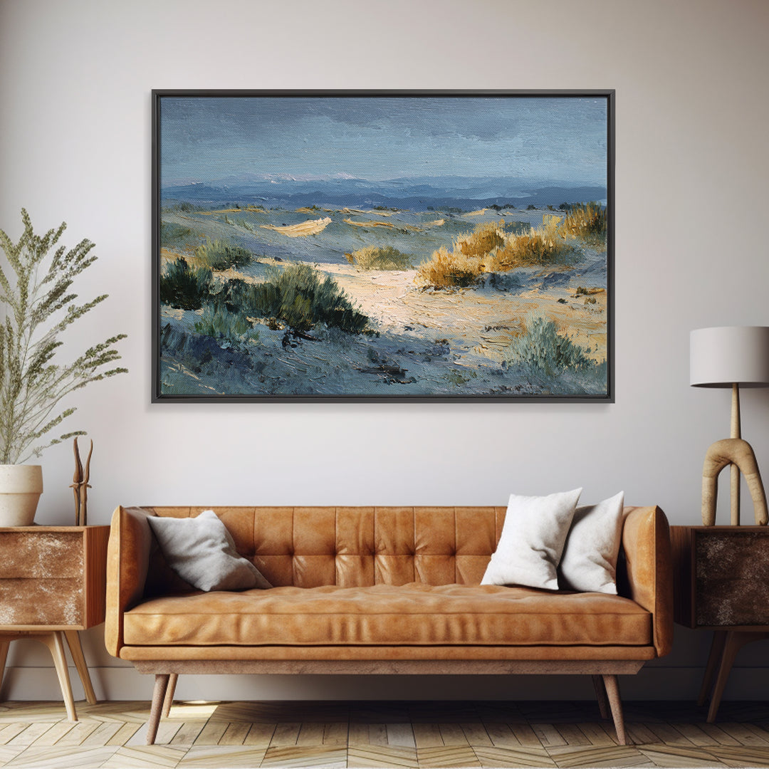 Desert Dunes under Pale Moon Framed Canvas Print, Landscape Art, Boho Wall Art, Living Room Decor, Fine Art, Horizon, LAN-3x2-15